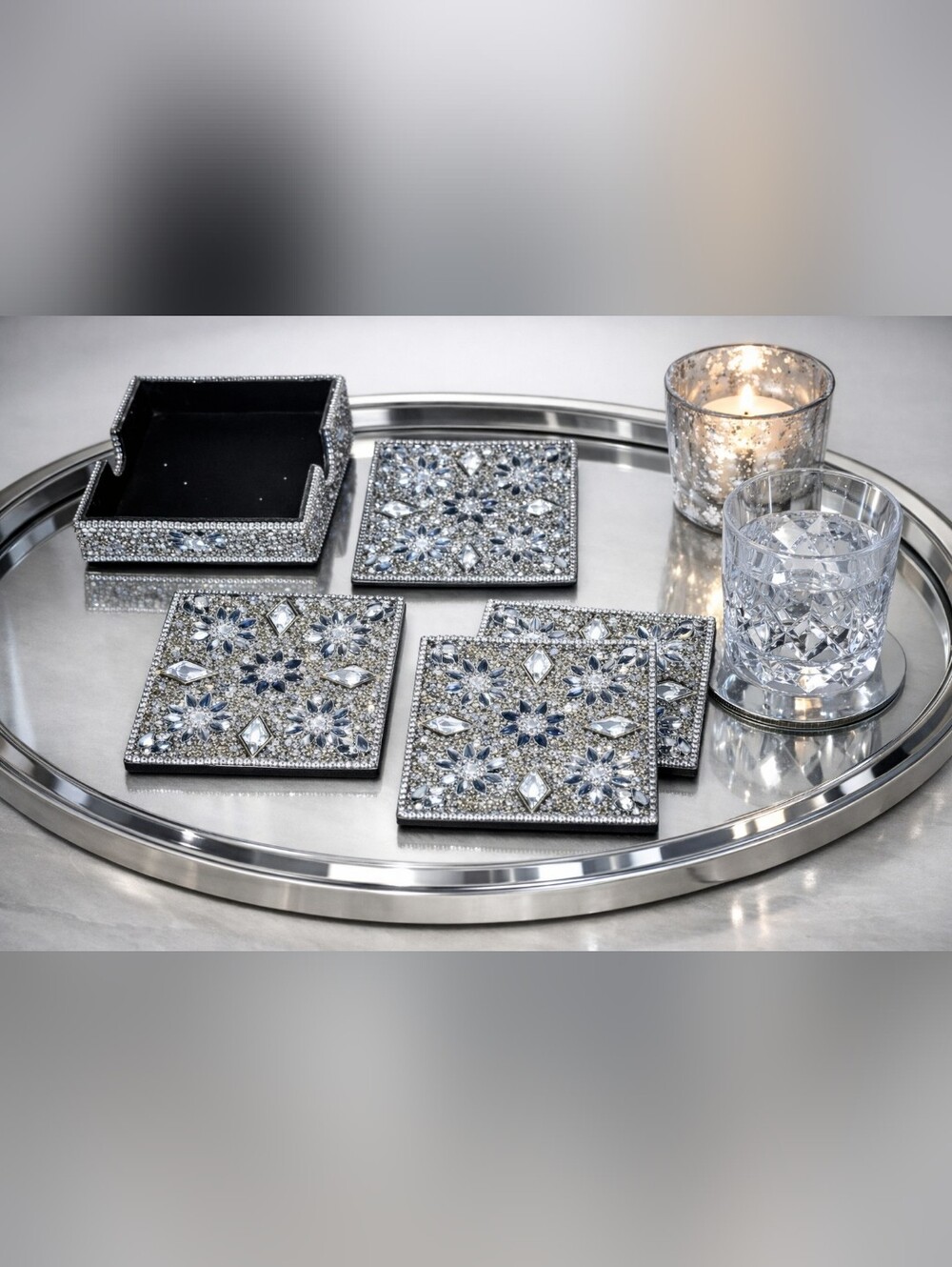 Beekman Rhinestone Crystals Silver Beaded Luxury Sparkle Coasters